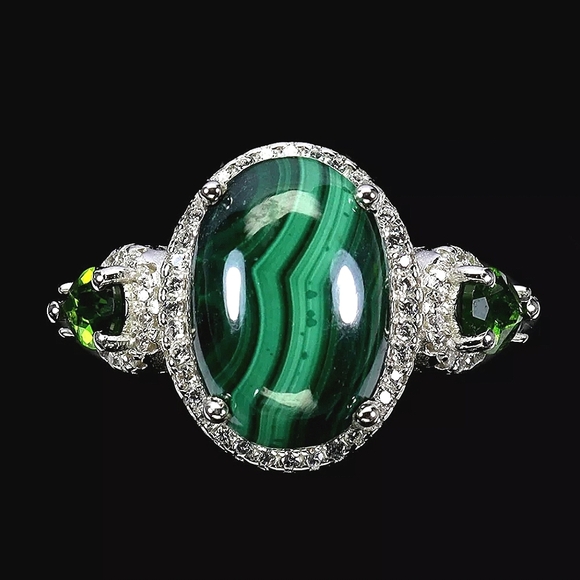 Natural Malachite 14x10mm & Chrome Diopside 925 Sterling Silver Ring Sz 9 - Picture 1 of 3